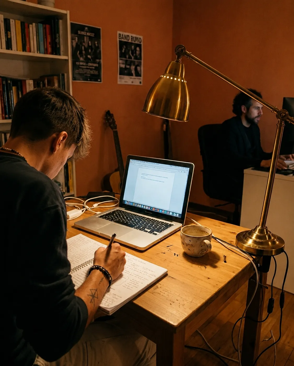 Due soci di Alma al lavoro: uno scrive appunti a mano, l'altro al computer sullo sfondo