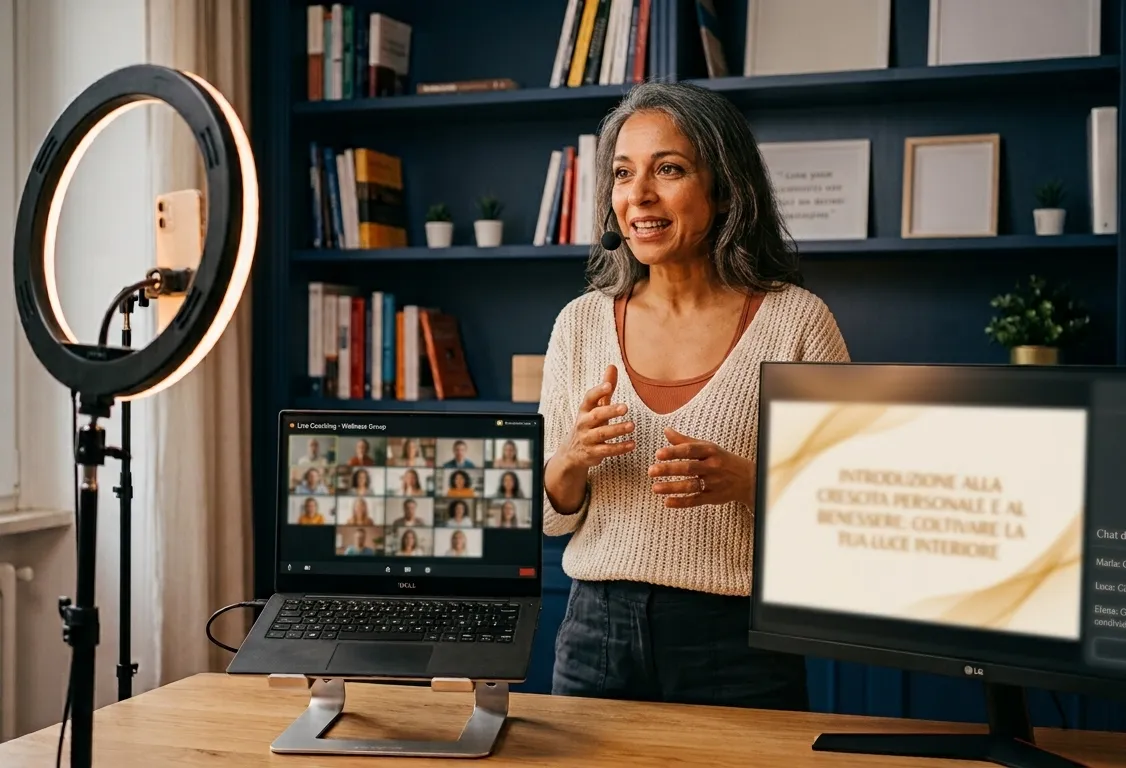 Workshop live in streaming con ring light, laptop e schermo con slide