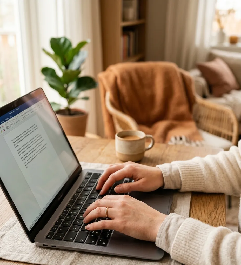 Professionista al laptop in uno spazio di lavoro caldo e accogliente