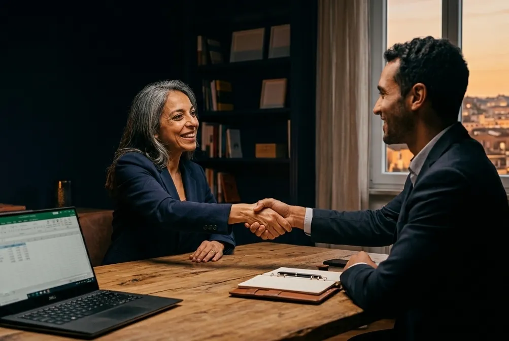 Stretta di mano tra partner a un tavolo di lavoro con laptop