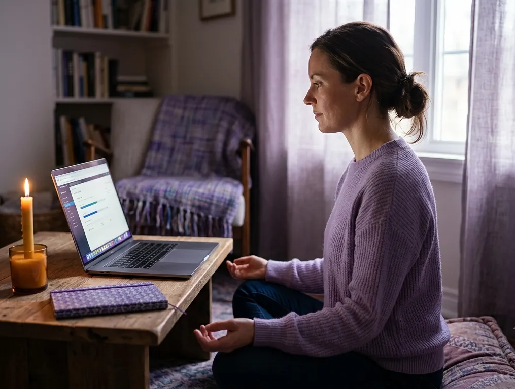 Donna con maglione lilla in meditazione davanti al laptop