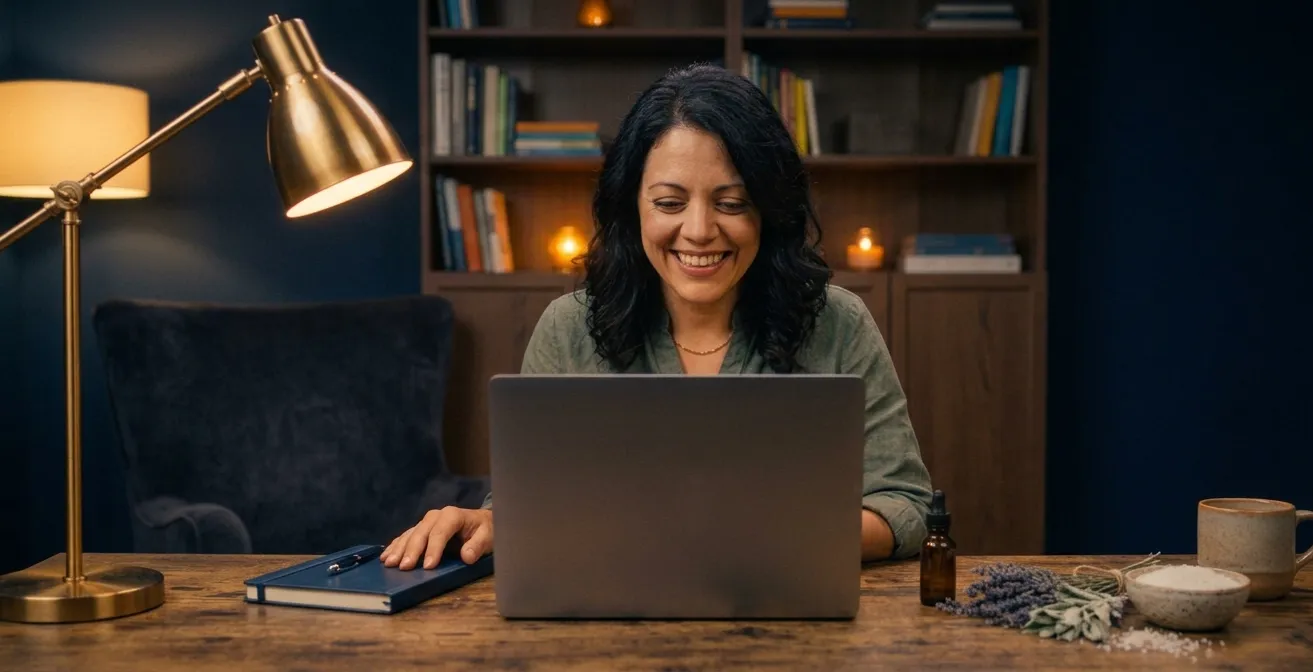 Professionista sorridente al laptop nel suo studio