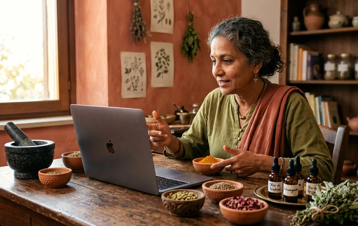 Terapeuta ayurvedica al laptop tra ciotole di spezie e boccette di olio